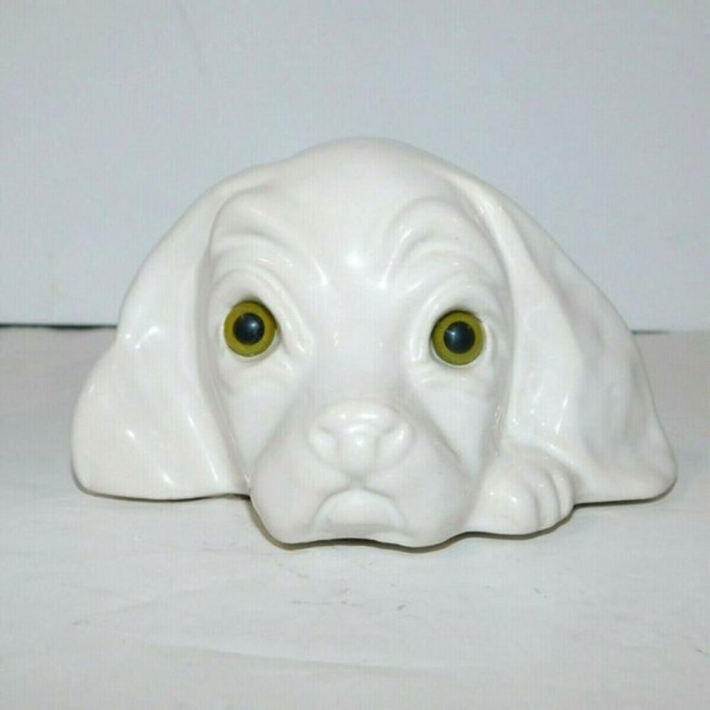 VTG White Ceramic Dog figure figurine Green eyes Canadiana Canada Pottery 6"